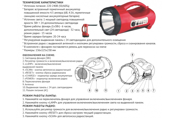 KN-9403RDL  LED фонарь радио, 1x3W+24led фото 1